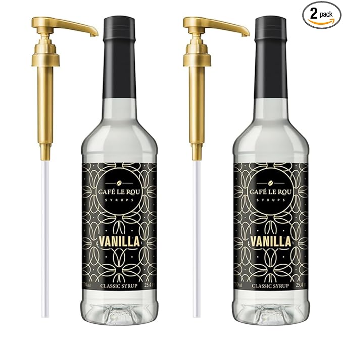 "NEW" Café Le Rou Vanilla Coffee Syrup - 25.4oz Cafe Flavoring Syrup (Vanilla, 2-pack) Includes 2 Coffee Syrup Dispensers Flavoring Syrup for Coffee, Tea and