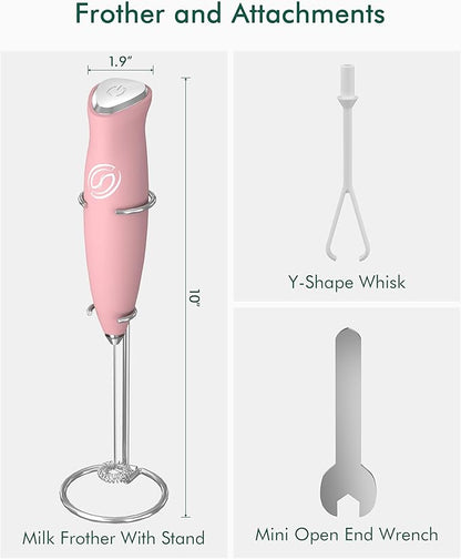 Milk Frother With Stand Handheld Frother Wand Drink Mixer Handheld Coffee Stirrers Electric Frother for Coffee Mixer Wand with 2 Whisk frother for protein powder-Pink
