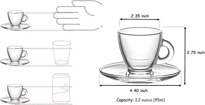 BOHEM'S Espresso Cups, 3.2 oz Small Demitasse Clear Glass Espresso Drinkware, Set Of Cups, Saucers and Stainless Steel mini Spoons + Free Glass Spoons (Set of 6)