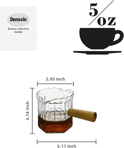 Glass Measuring Cup, 5oz Espresso Shot Glass with Wood Handle, Double Spouts Measuring Triple Pitcher Milk Cup for Coffee Tea (Transparent Ribbed)