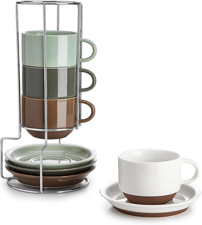 Sweese 8 Ounce Cappuccino Cups Set of 4, Porcelain Stackable Coffee Cups with Saucers and Metal Stand, Multicolor