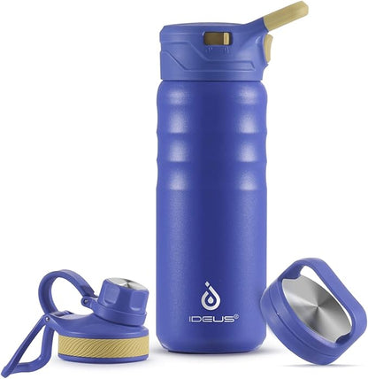 IDEUS Insulated Stainless Steel Water Bottle with 2 Leak-Proof Lids, Thermal Water Flask for Hiking Biking, 18oz, Purple