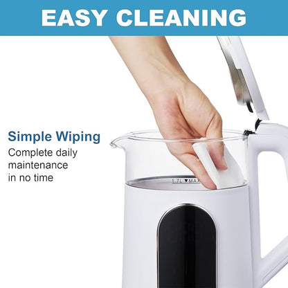 Electric Kettle, 1500W Fast Boiling Glass Water Kettle with Temperature Control, 1.7L Cordless Stainless Steel Base, Keep Warm & Auto Shut-Off, BPA-Free, White