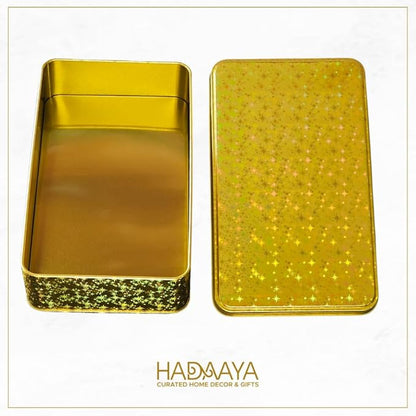 Gold Glitter Single Piece Empty Rectangular Tin Container With Lid, Multipurpose Festive Party Favor Gift Box For Cookies, Candies, Stationery & More - 7.5 x 4.25 x 2 Inches
