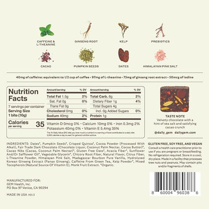 GEM Energy Caffeinated Bite, 40mg Caffeine, Ginseng Root, L-Theanine, Holistic Sustained Energy, Supports Metabolism, Stamina & Endurance | Chocolate Cacao Sea Salt | 28 Servings