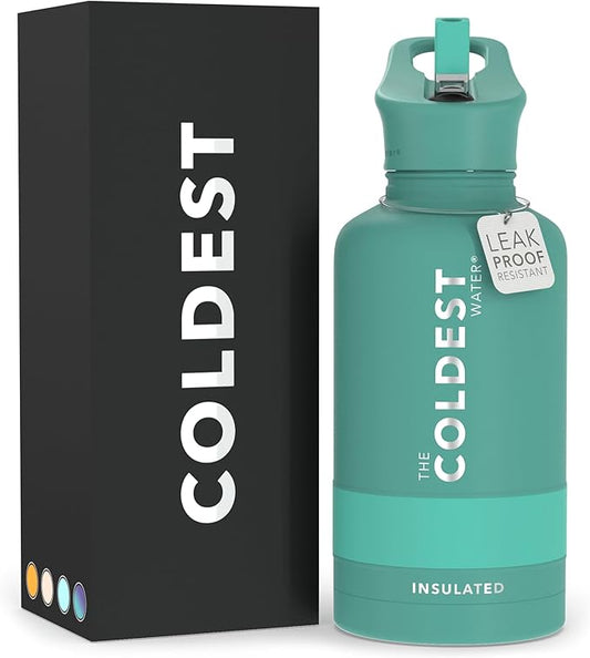 Coldest Insulated Water Bottle with Straw Lid - Stainless Steel Metal Insulated Bottle for Men & Women (Terraform Green, 64 oz)