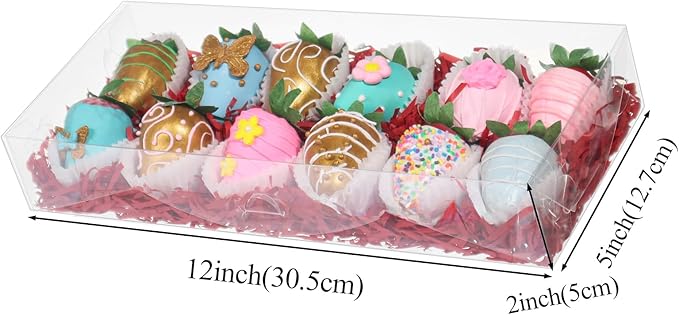 RomanticBaking 24PCS 12x5x2 Inches Clear Valentines Strawberry Boxes Cookie & Macaron Gift Boxes for Party Favors