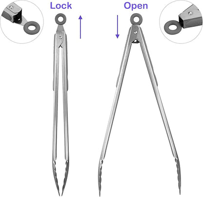 304 Stainless Steel Kitchen Cooking Tongs, 14" and 16" Set of 2 Sturdy Grilling Barbeque Brushed Locking Food Tongs with Ergonomic Grip, Grey