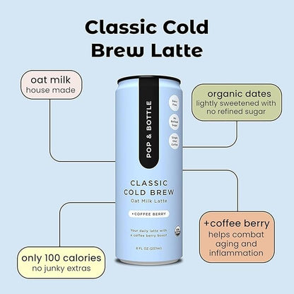 Pop & Bottle, Classic and Matcha Oat Milk Lattes - Reishi and Maitake Mushrooms, Green Tea, Cold Brew, Coffee Berry, MCT Oil, Organic, Dairy & Gluten Free, Vegan - 8 Fl Oz, (Pack of 12), 6 Each