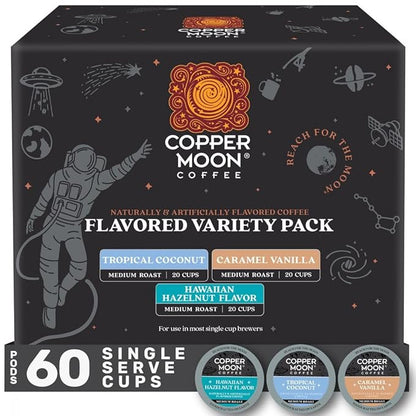 Copper Moon Single Serve Coffee Pods For Keurig K-Cup Brewers, Flavored Variety Pack (Caramel Vanilla, Tropical Coconut, Hawaiian Hazelnut), 60 Count