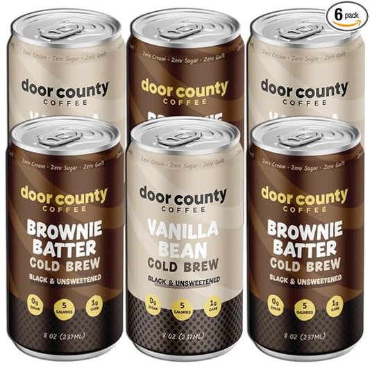 Door County Coffee Ready to Drink Canned Cold Brew Variety Pack - 8oz - 6 Pack - Cold Pressed Coffee, 5 Calories, Bold & Rich, Flavorful, 145mg Natural Caffeine