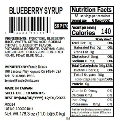 Fanale Premium Flavoring Concentrated Syrup for Bubble Tea 11 lb | Blueberry Flavor Syrup | for Boba Tea, Smoothies, Slushes, Desserts | 11lb | SRP170