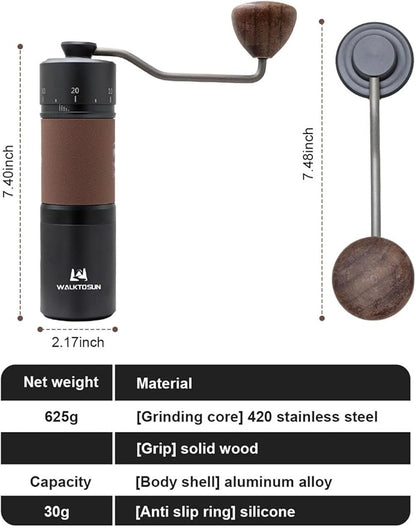 Manual coffee grinder, portable stainless steel cone grinder with solid wood knob, adjustable handle, suitable for home office travel, camping or hiking, black