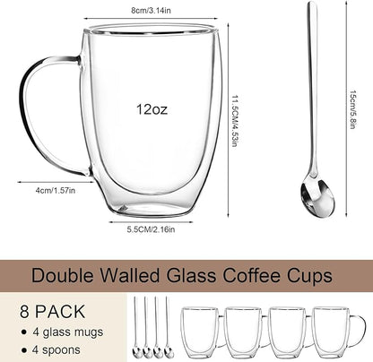 Double Wall Glass Coffee Mugs 12 OZ, Clear Coffee Cup With Handle,Insulated Coffee Mugs Set of 4 With Spoons Perfect for Espresso, Cappuccino, Latte, American,Tea Bag, Beverage