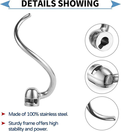 Stainless Steel Spiral Dough Hook Compatible with KitchenAid 5-6QT Mixer,Bowl Lift Stand Mixer Accessory, Dough Hook,Rust Resistant, Effectively Kneads Bread,Pizza,Pasta and Biscuits,Dishwasher Safe