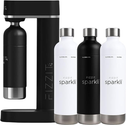 Fizzit Spärklï Carbonated Water Soda Maker with 1 Black Stainless Steel Bottle & 2 White Stainless Steel Bottles