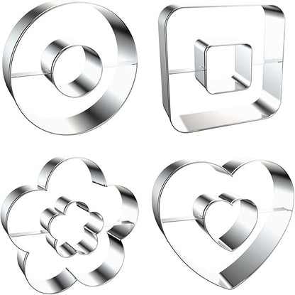 Large Size Donut Design Cookie Cutters Set of 4 pcs, Stainless Steel 4 Shapes Cream-filled Doughnut Fondant Cutter Molds Baking DIY (Round + Square + Heart + Flower)
