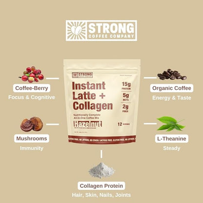 STRONG COFFEE COMPANY Instant Hazelnut Latte - 15g Protein, Instant Protein Coffee with Collagen, Adaptogens & Nootropics, No Crash, No Jitters, 12 Servings Bag