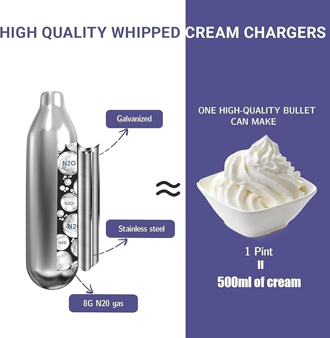 Whipped Cream Chargers - 8g Whip Cream Charger Cylinder Food Grade Original Flavor With Long Shelf Life, Premium Leak Proof Steel, Perfect for Desserts, Cake, Beverages and Gourmet Dishess