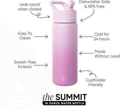 Simple Modern Kids Water Bottle with Straw Lid | Vacuum Insulated Stainless Steel Metal | Reusable Leak Proof BPA-Free Thermos for School | Summit Collection | 18oz, Violet Dreams
