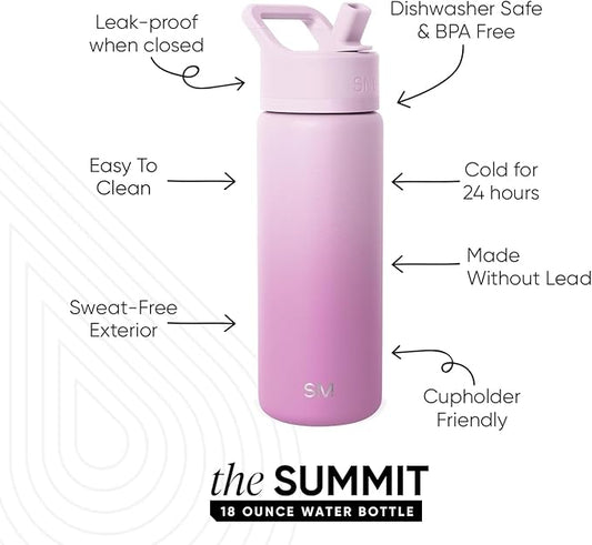 Simple Modern Kids Water Bottle with Straw Lid | Vacuum Insulated Stainless Steel Metal | Reusable Leak Proof BPA-Free Thermos for School | Summit Collection | 18oz, Violet Dreams