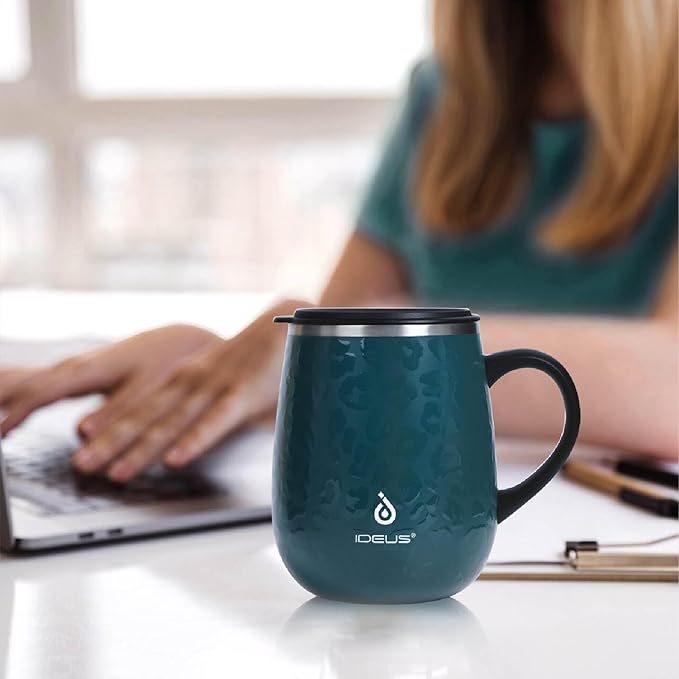 Ideus 16 oz (470 ml) Insulated Coffee Mug with Handle and Lid, Double Wall Stainless Steel Vacuum Thermal Coffee Mug, Travel Coffee Cup Thermal Cup for Home and Office, Leopard Green