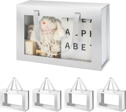 Large Silver Clear Gift Boxes, 13.5x9x4.1 Inches, 5 Pack with Windows by Handles, Magnetic Closure, Suitable for Various Occasions