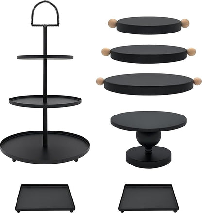 Set of 7 Black Cake Stands Metal Dessert Display Holder Round 3 Tier Cupcake Stand Serving Tray Platter Cake Pedestal Stand for Party Weddings Birthday Baby Showers Anniversary