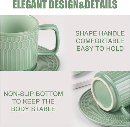 Large Cappuccino Cups with Saucers Set of 4, 8 Ounce Stackable Embossed Ceramic Coffee Mugs for Specialty Coffee Drinks, Latte, Cafe Mocha and Tea, Dishwasher & Microwave Safe (Mix)