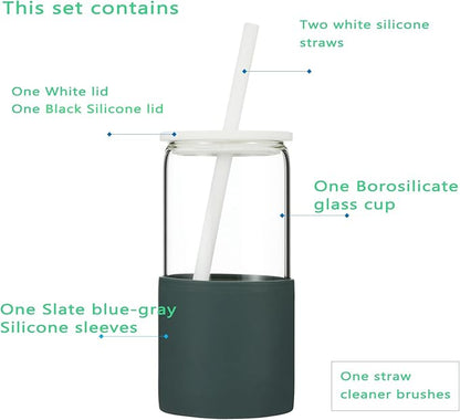 Sunseeke Glass Tumbler with Straw and Lid, 16oz Ice Coffee Cup, Silicone Sleeve Cleaning Brushes, Drinking Glasses for Water, Iced Coffee, Smoothie - BPA Free (Slate blue-gray)