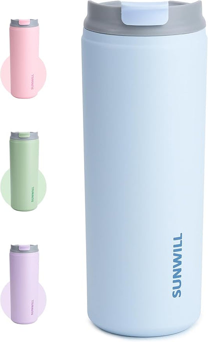 SUNWILL Travel Coffee Mug with Lid, Leak Proof Tumbler Stainless Steel, 16 oz Insulated Cup for Water, Tea, Ice, Powder Coated Iceberg