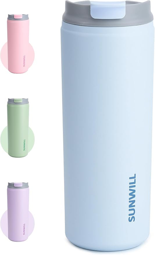 SUNWILL Travel Coffee Mug with Lid, Leak Proof Tumbler Stainless Steel, 16 oz Insulated Cup for Water, Tea, Ice, Powder Coated Iceberg