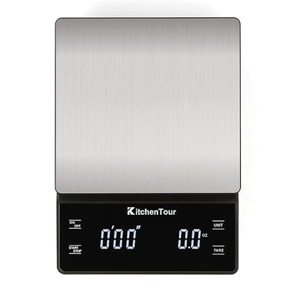 KitchenTour Coffee Scale with Timer 3kg/0.1g - High Precision Pour Over Drip Espresso Scale with Back-Lit LCD Display - Stain Steel Platform(Batteries Included)