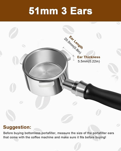 51mm Bottomless Portafilter 3 Ears Compatible with Delonghi Dedica EC680/EC685/EC885 and SMEG, EUPA Espresso Machines, Espresso Naked Bottomless Portafilter with Puck Screen and 18g Filter Basket