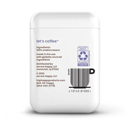 happy coffee dark roast ground coffee, 12 oz., notes of cocoa & cheer, recyclable container, grown & harvested in Brazil, Rwanda & Colombia
