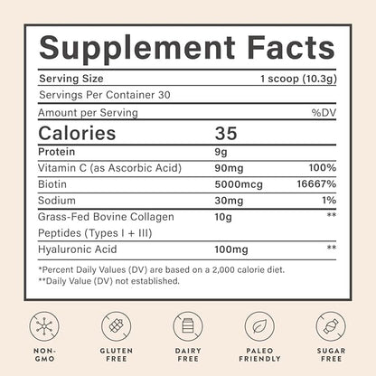 Beam Collagen Powder, Collagen for Women, Collagen with Hyaluronic Acid, Collagen Peptides Type 1 and 3, with Biotin, Grass Fed Bovine, Third-Party Tested, Best for Coffee, Vitamin C, 60 Servings