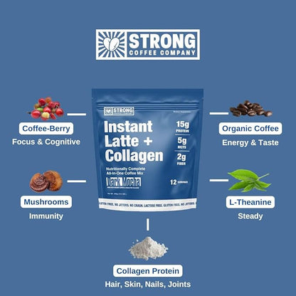 STRONG COFFEE COMPANY Instant Cacao Latte - 15g Protein, Instant Protein Coffee with Collagen, Adaptogens & Nootropics, No Crash, No Jitters, 12 Servings Bag