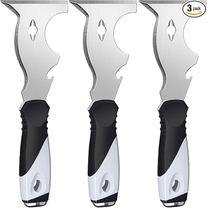 Mister Rui Paint Scraper, 3 Pack Multi Use Paint Tools Putty Knife 10 in 1, Paint Scraper Tools for Painting, Metal Scraper with Hammer End, Taping Knife, Spackle Tool