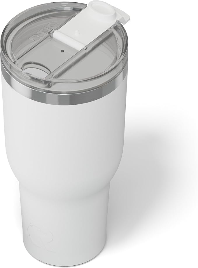 RTIC 40oz Essential Tumbler with Lid, Insulated, Stainless Steel, Metal, Double Wall Vacuum-Insulation, Ceramic Lined, Travel Cup for Iced Coffee, Tea, Hot and Cold Drink, White