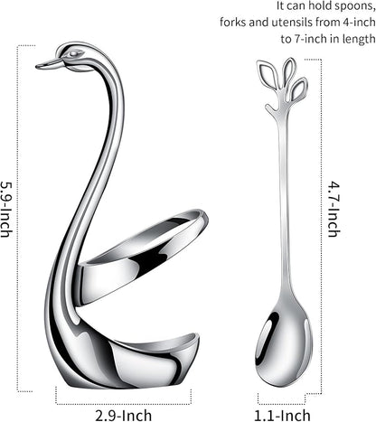 AnSaw Silver Small Coffee Spoon Holder Set,Swan Base With 10 Pcs Demitasse Espresso Spoons Set,4.7" Mini Leaf Dessert Spoon,Stainless Steel Tea Spoons