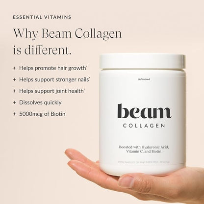 Beam Collagen Powder, Collagen for Women, Collagen with Hyaluronic Acid, Collagen Peptides Type 1 and 3, with Biotin, Grass Fed Bovine, Third-Party Tested, Best for Coffee, Vitamin C, 15 Servings