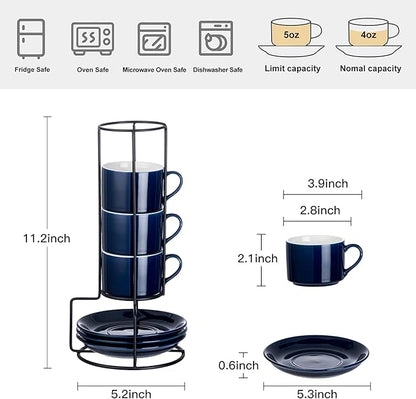 4oz Porcelain Stackable Espresso Cups with Saucers and Metal Stand Set of 4, Stackable Cappuccino Cups, Blue Expresso Shots Cup Set for Coffee Drinks, Latte, Americano, Tea