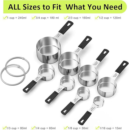 Measuring Cups & Spoons Set of 18 - Wildone Stainless Steel Nesting Measuring Cups 8 Piece and 9 Measuring Spoons, 1 Leveler, Ideal for Dry and Liquid Ingredients (Black)