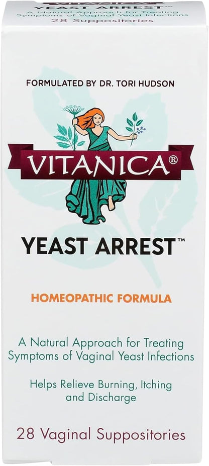 Vitanica Yeast Arrest, Homeopathic Vaginal Suppositories, for Yeast Infection Symptoms, Relieves Burning, Itching & Discharge, with Boric Acid, Tea Tree Oil & Probiotics, Vegan (Yeast Arrest, 28)