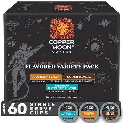 Copper Moon Single Serve Coffee Pods For Keurig K-Cup Brewers, Flavored Variety Pack (Hawaiian Hazelnut, Southern Pecan, Super Mocha), 60 Count