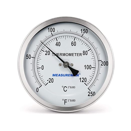 MEASUREMAN Fully Stainless Steel Pot, Kettle, Brewing Bimetal Dial Thermometer, 3" Dial, 6" Stem, 0-250 deg F/-20-120 deg C, -1% Accuracy, Adjustable, 1/2" NPT Back Mount