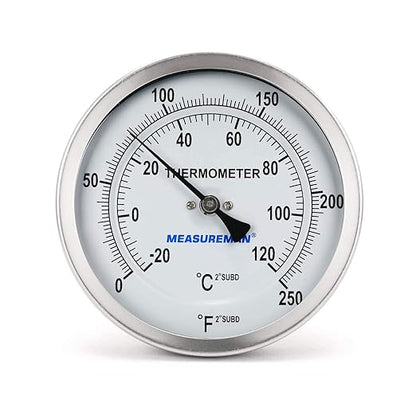 MEASUREMAN Fully Stainless Steel Pot, Kettle, Brewing Bimetal Dial Thermometer, 3" Dial, 6" Stem, 0-250 deg F/-20-120 deg C, -1% Accuracy, Adjustable, 1/2" NPT Back Mount