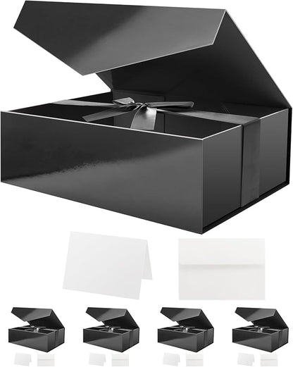 HAPPY POTATO 5 Large Gift Boxes with Ribbon 11.5x8.1x3.8 Inches, Black Boxes with Lids, Groomsmen Proposal Boxes, Magnetic Gift Boxes for Presents (Glossy Black, Pack of 5)