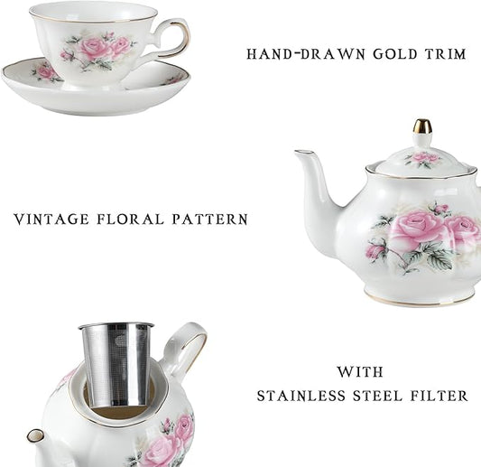 Sweejar Porcelain Tea Sets, Vintage British Floral Relief Gold Rimmed Teapot Cup and Saucer Set, Tea Set Service for 6, with Teapot, Sugar Bowl, Milk Jug, Spoons, Tea Cup and Saucer (Pink Flower)