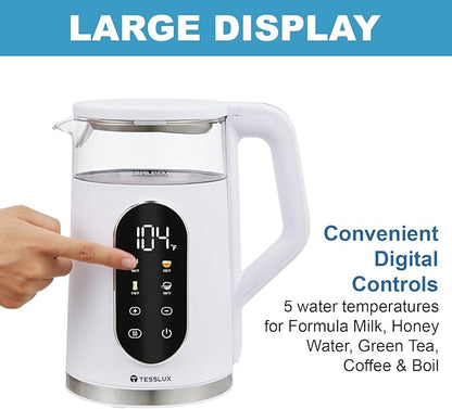 Electric Kettle, 1500W Fast Boiling Glass Water Kettle with Temperature Control, 1.7L Cordless Stainless Steel Base, Keep Warm & Auto Shut-Off, BPA-Free, White